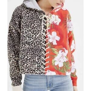 Urban Outfitters Oversized Crop Hoodie Womens Medium Half Floral Half Cheetah